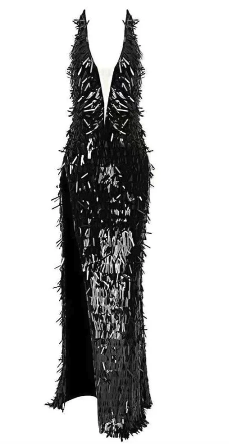 Midnight Armour Fringe V-Neck Gown